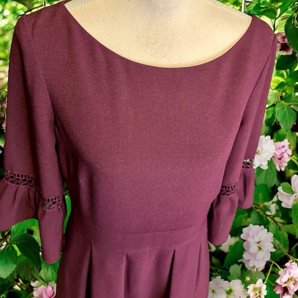 Eliza J ‘3/4 Length Bell Sleeve Fit & Flare Dress’ in “Plum Burgundy” Size 12 - Picture 6 of 15